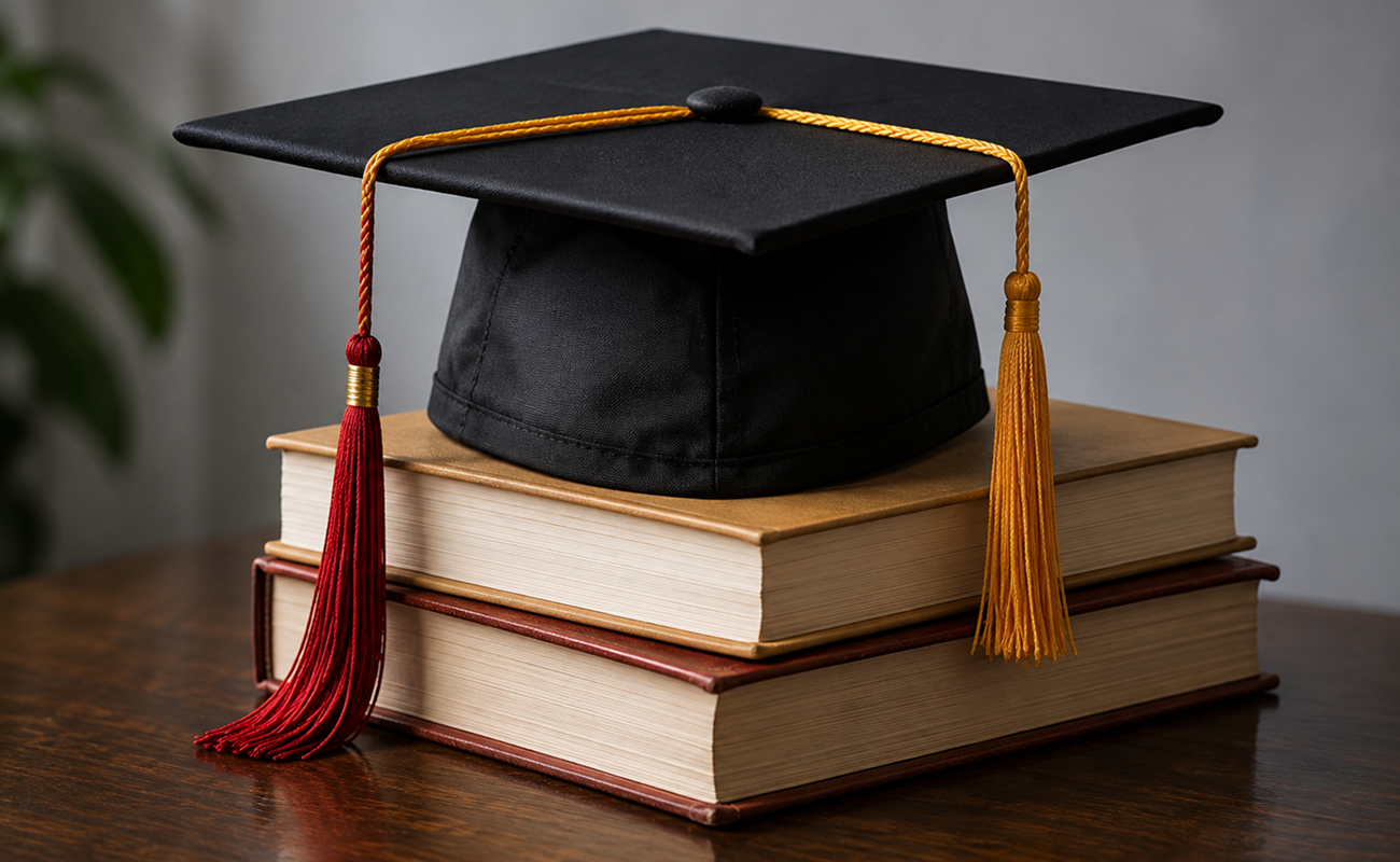 Graduation cap and books
