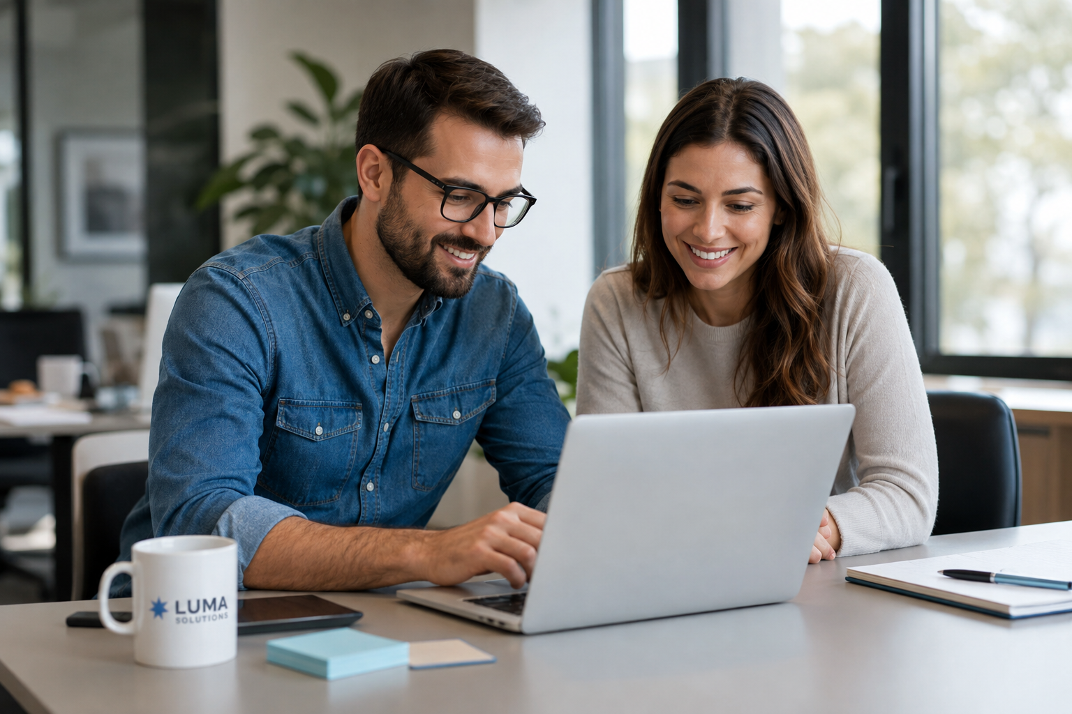 Two colleagues reviewing a website together